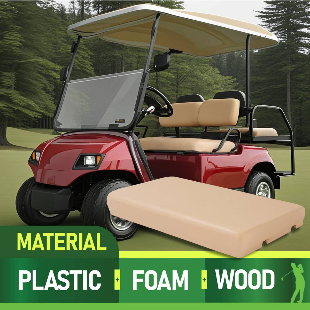 Tan seat bottom cushion on a golf cart with canopy