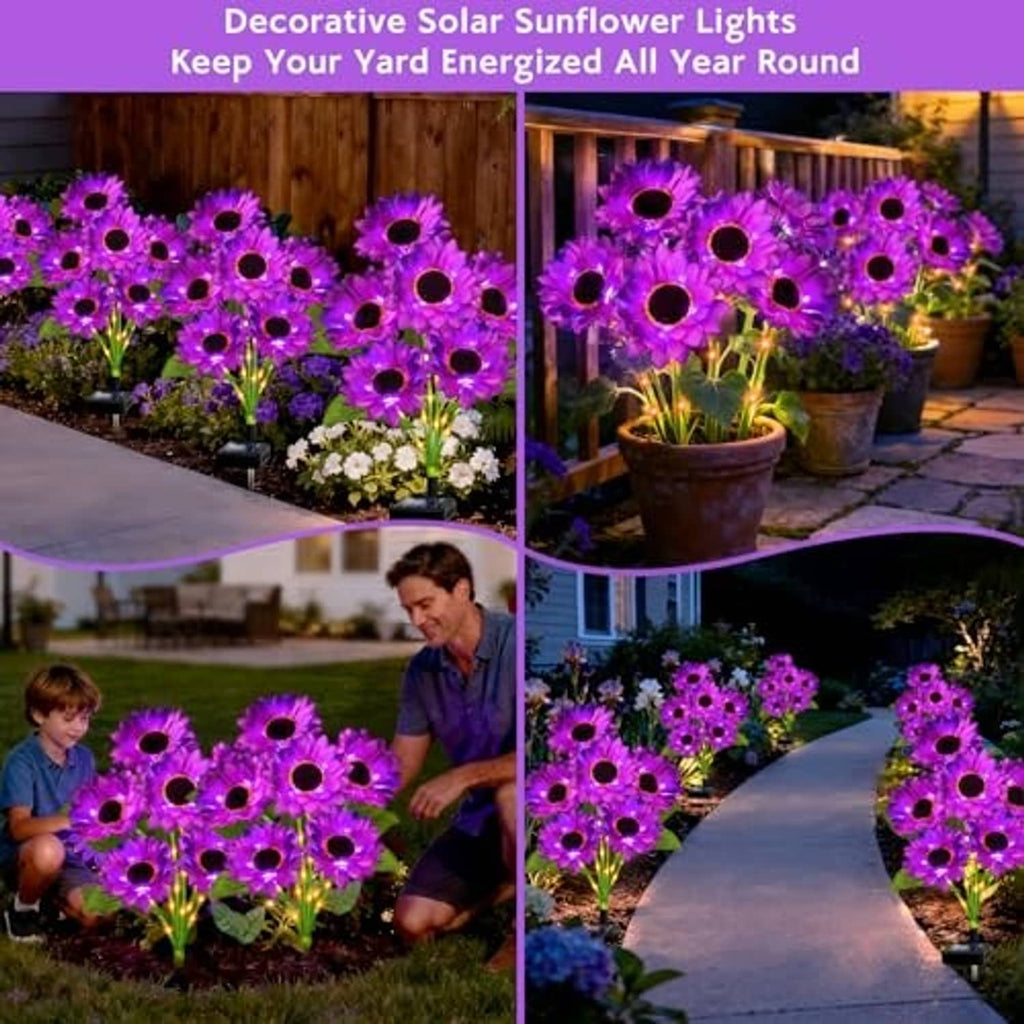 Purple decorative solar sunflower lights in multiple outdoor garden spots with black stake bases.