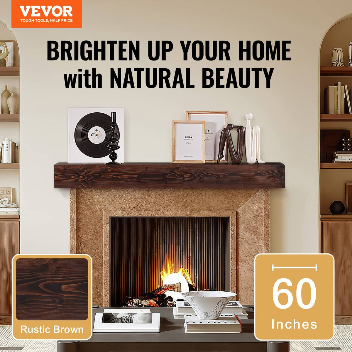 Rustic dark brown floating wood mantel shelf for fireplace, wide 60-inch style