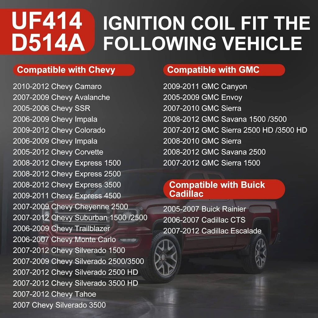 Ignition coil fitment chart for UF414 D514A with Chevy and GMC compatibility list