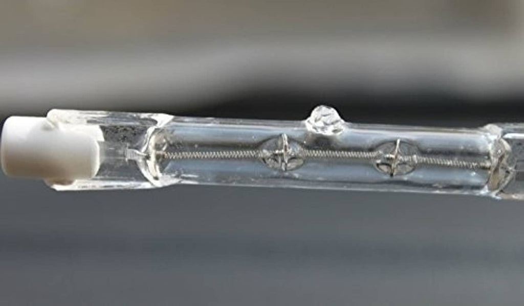 Close-up of T3 halogen bulb showing clear quartz glass and metal filament supports