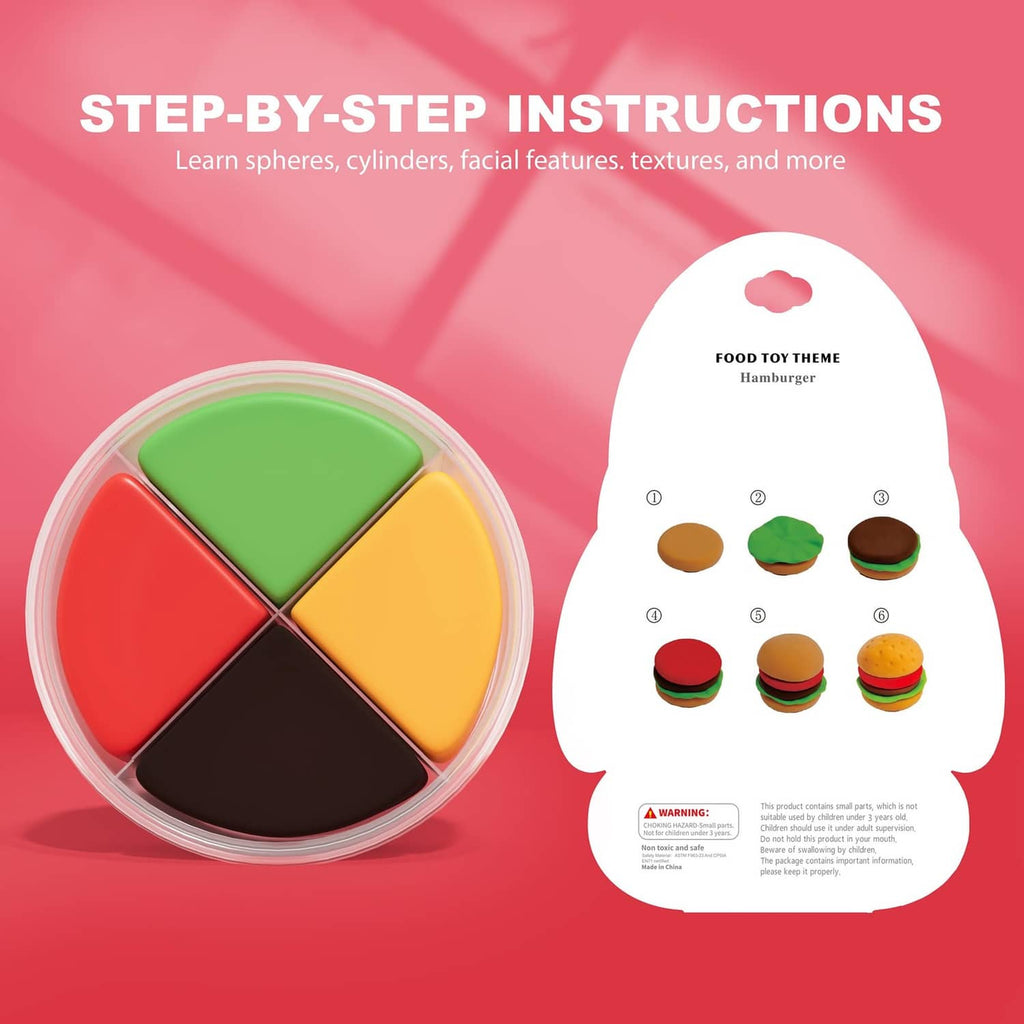 Food-toy themed air-dry clay palette with burger and small colored clay pieces