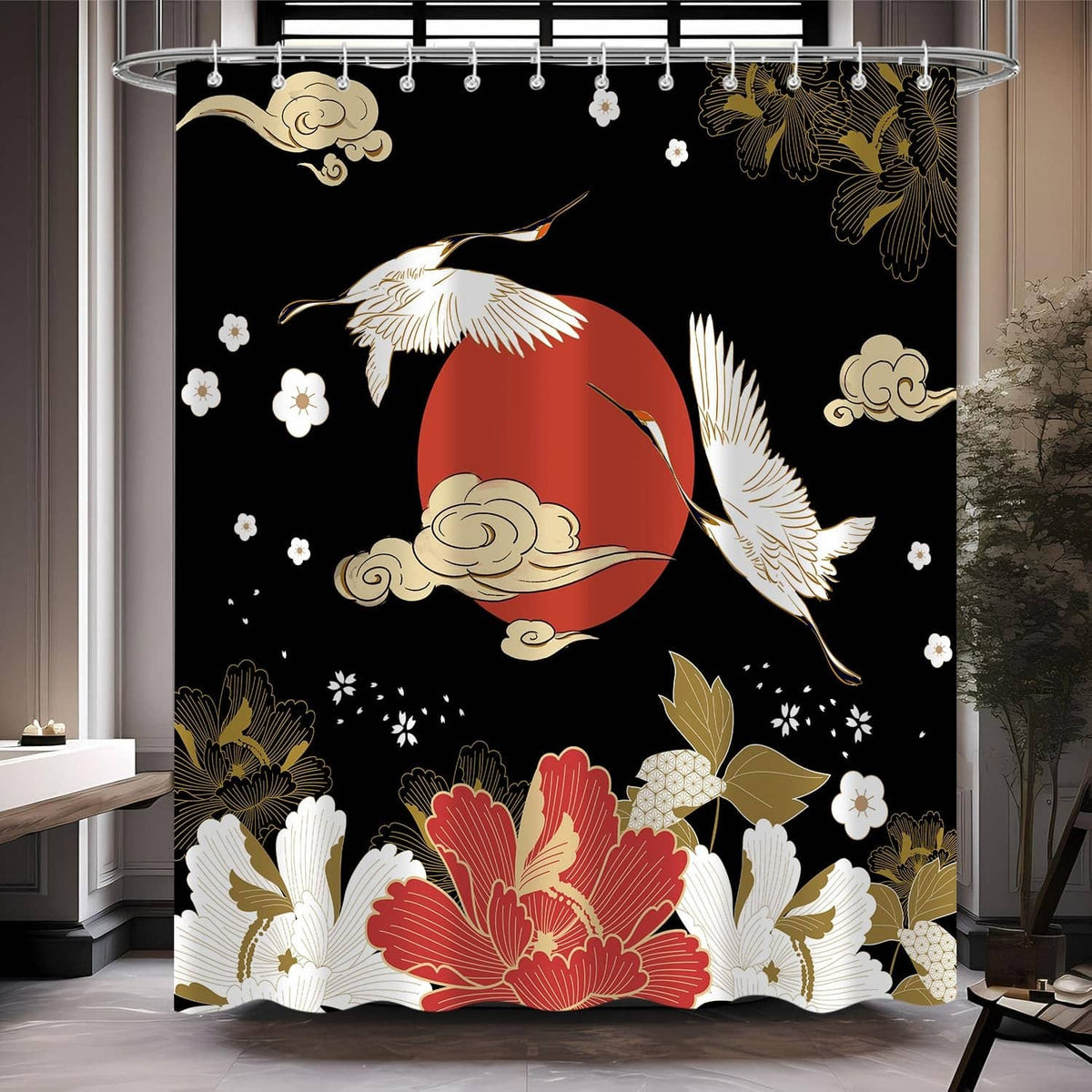 Black shower curtain with gold and red crane, clouds, and white floral blossoms
