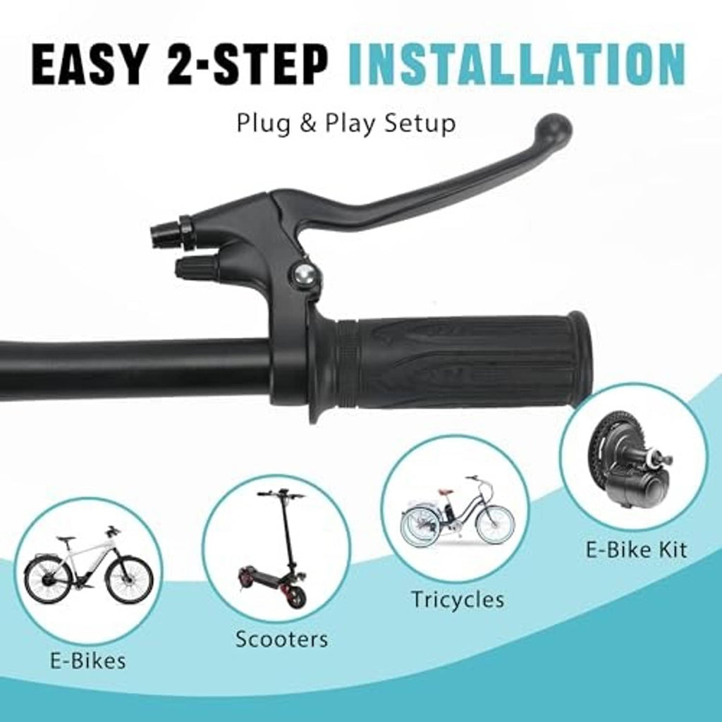 Black mechanical brake lever assembly on handlebar with rubber grip and cable