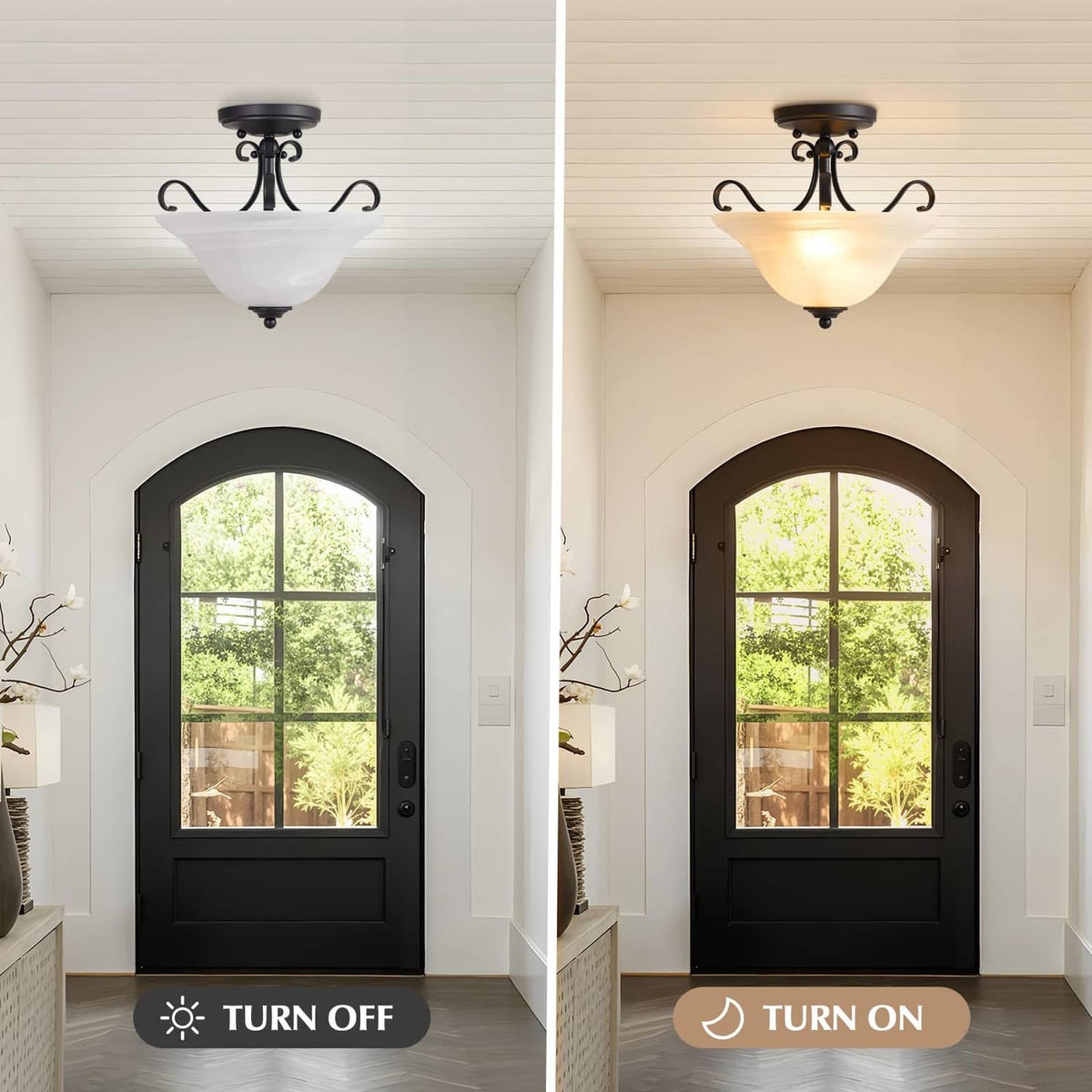 Black semi-flush ceiling light with frosted glass shade and warm illumination