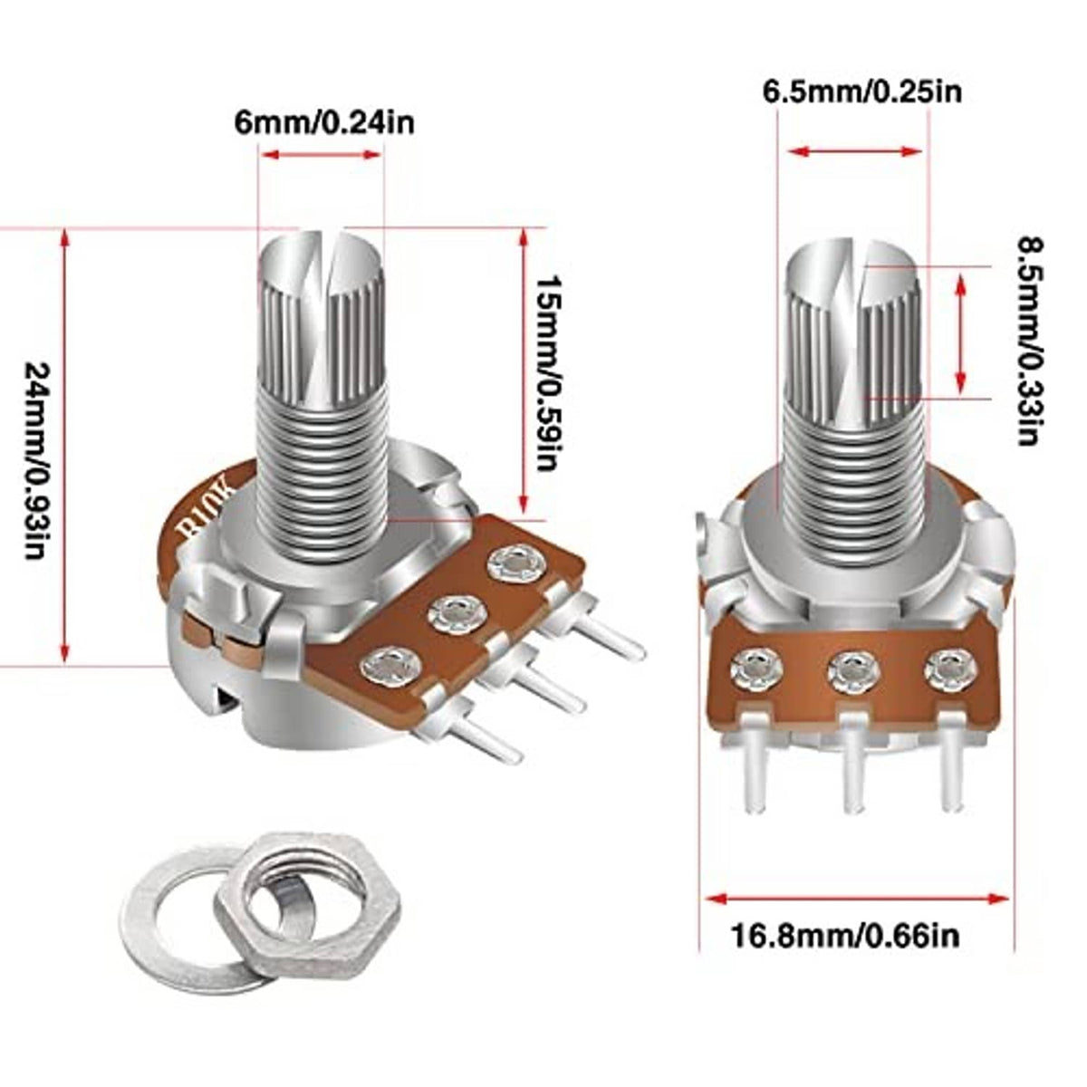 Rotary potentiometer with black knob, knurled metal shaft, brown PCB, 3-pin terminals