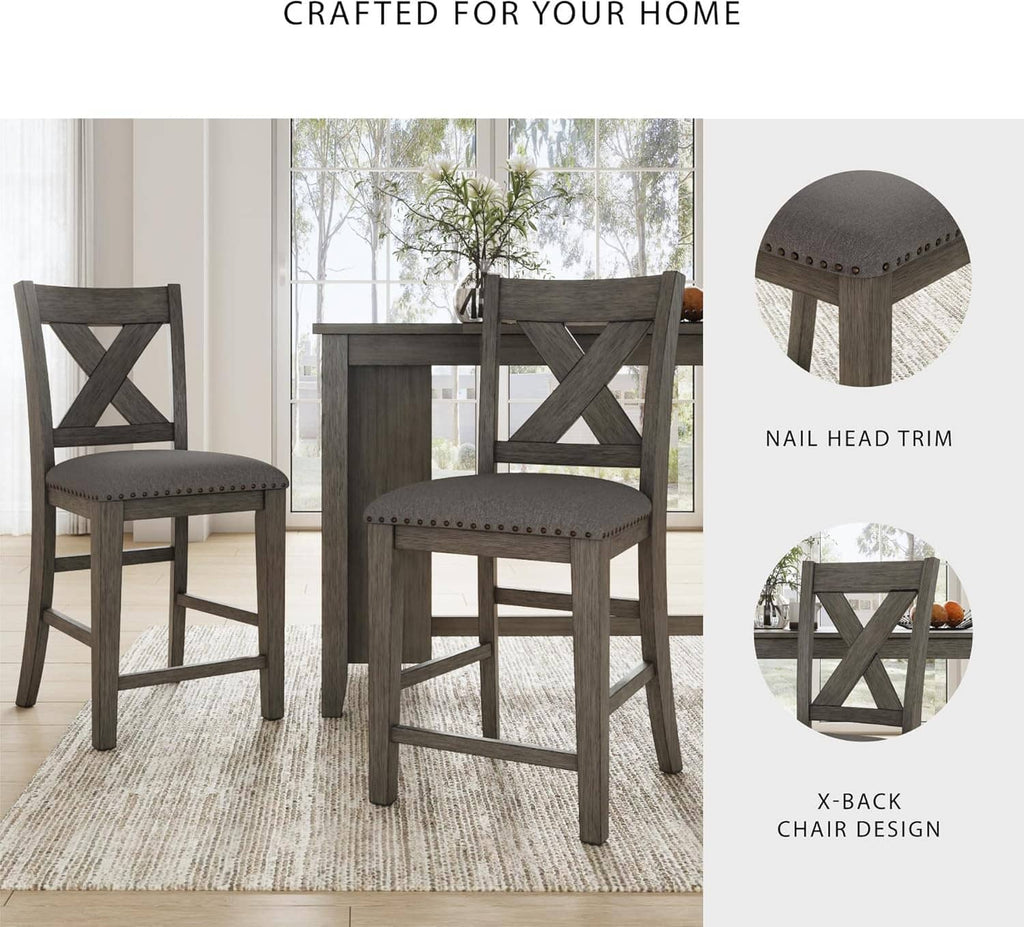 Counter-height bar stools with X-back chair design and gray upholstered round seats