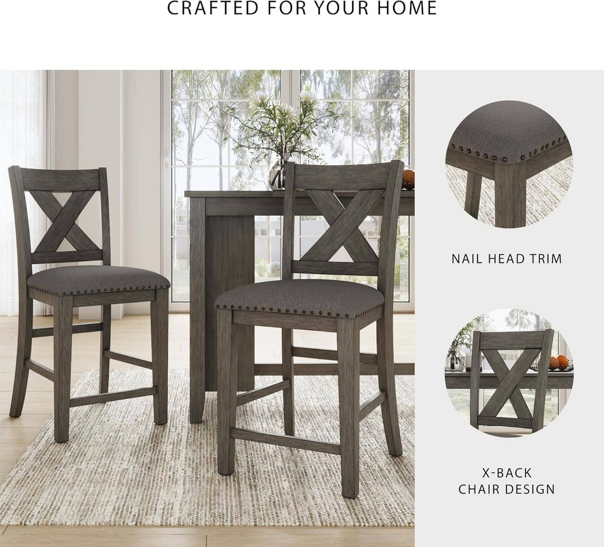 Counter-height bar stools with X-back chair design and gray upholstered round seats
