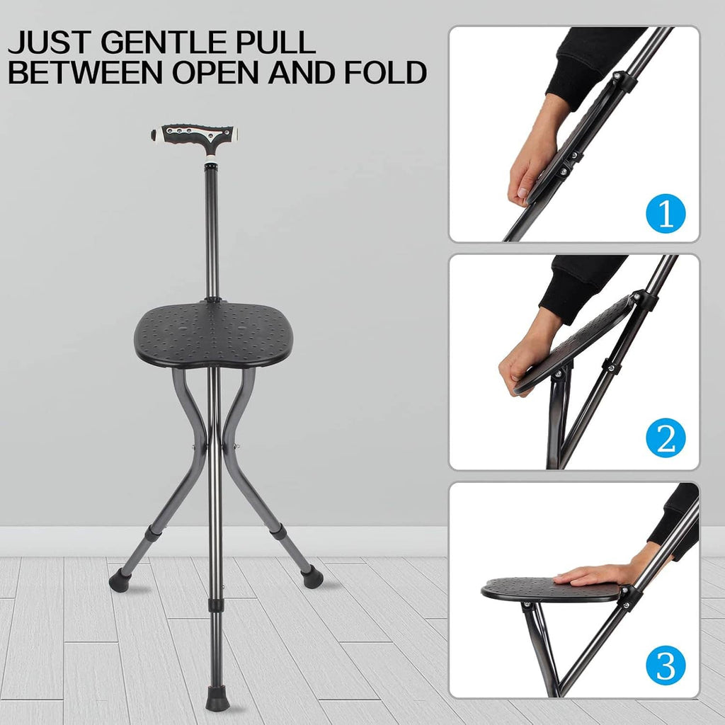 Black folding walking cane with seat, open and folded for storage