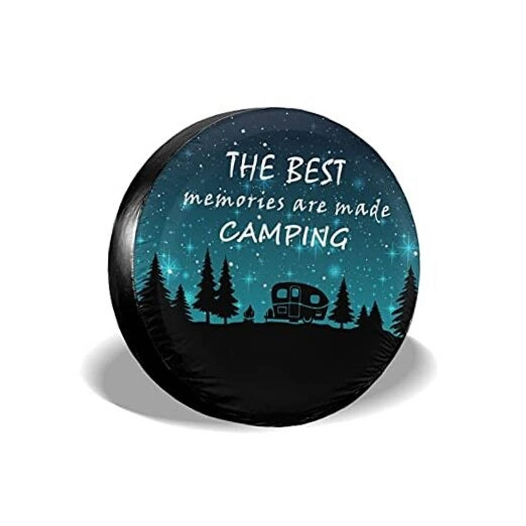Camping spare tire cover with teal forest graphic and 'THE BEST' text