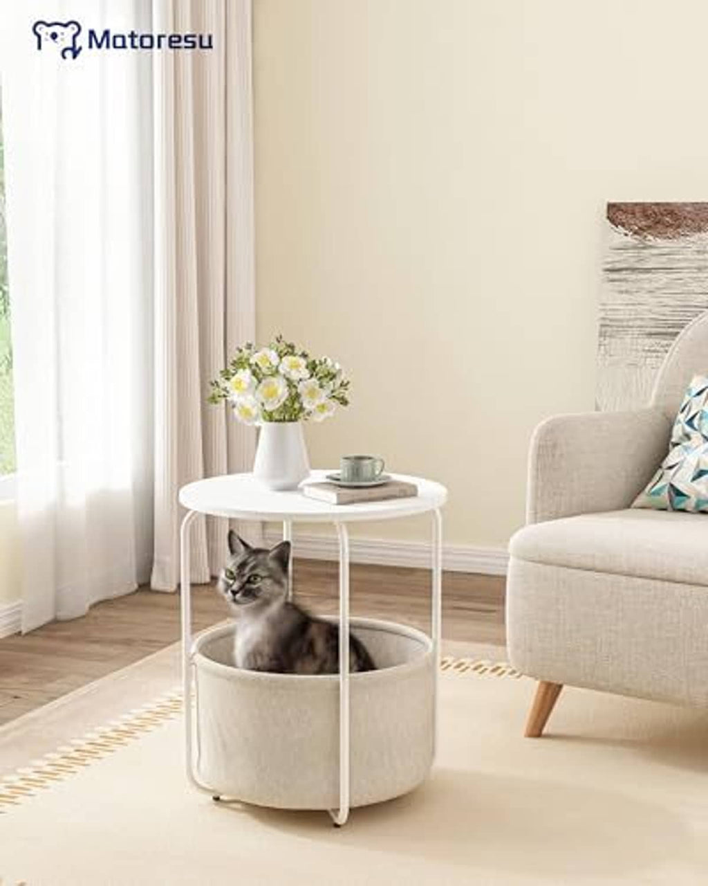 White round bedside table with beige fabric storage drum, open top and cross legs