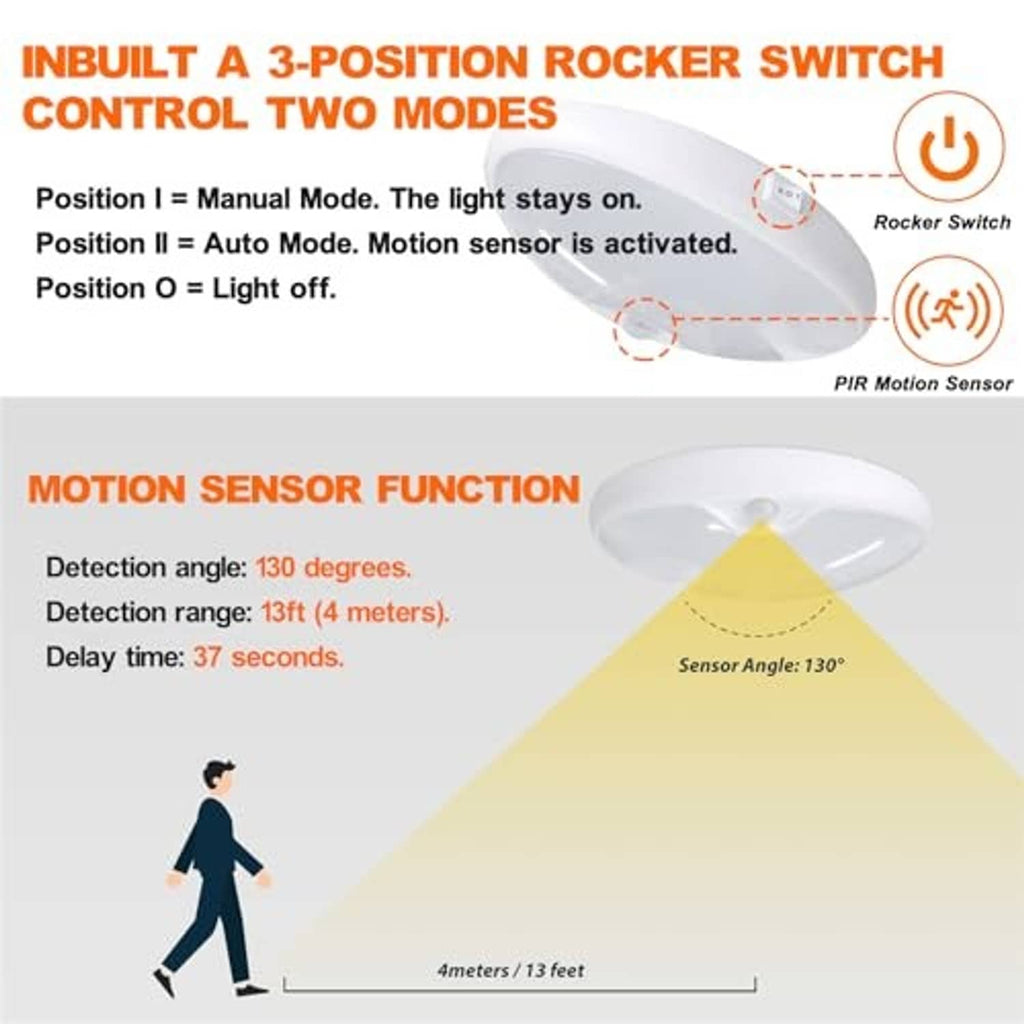 Oval LED motion sensor ceiling light with 3-position rocker switch control