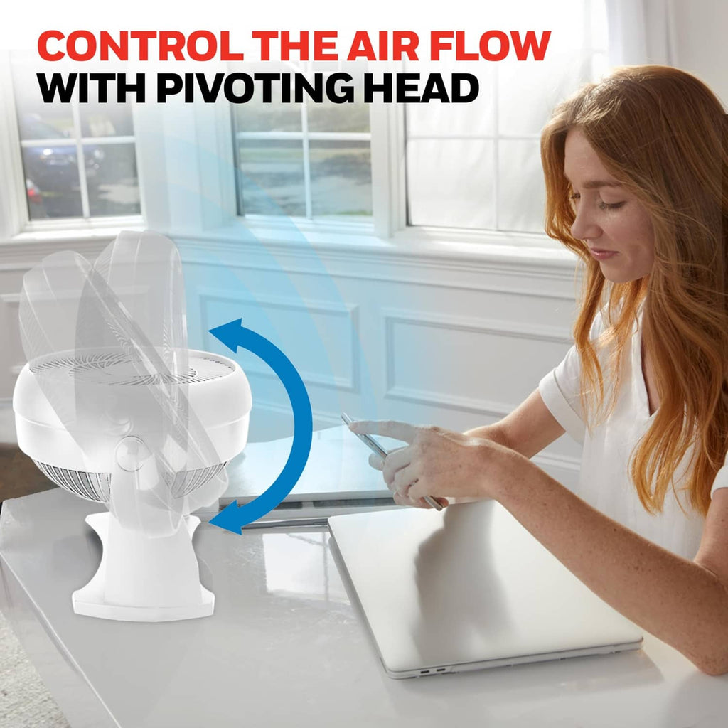 White tabletop fan with tilting pivoting head and front grille