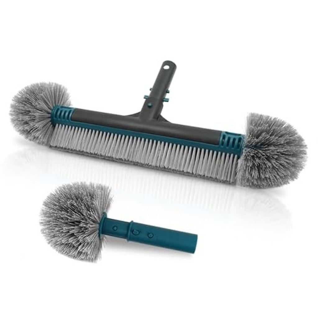 Detachable pool brush with gray bristles, teal grip sleeves, and black center bar