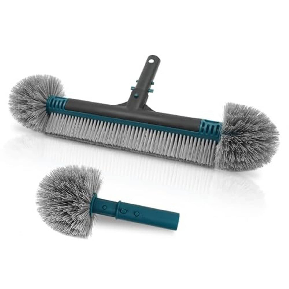 Detachable pool brush with gray bristles, teal grip sleeves, and black center bar