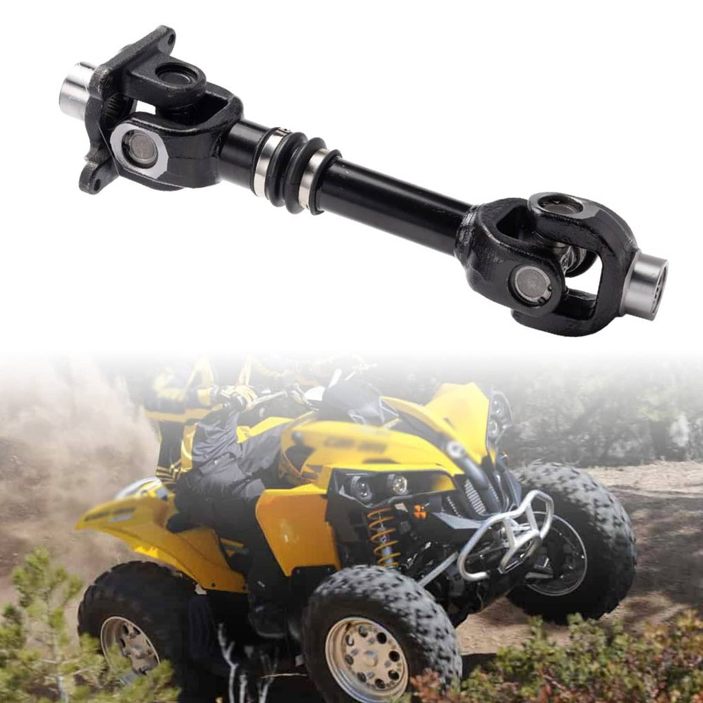 Rear propeller drive shaft with black boots and metal yokes, side view