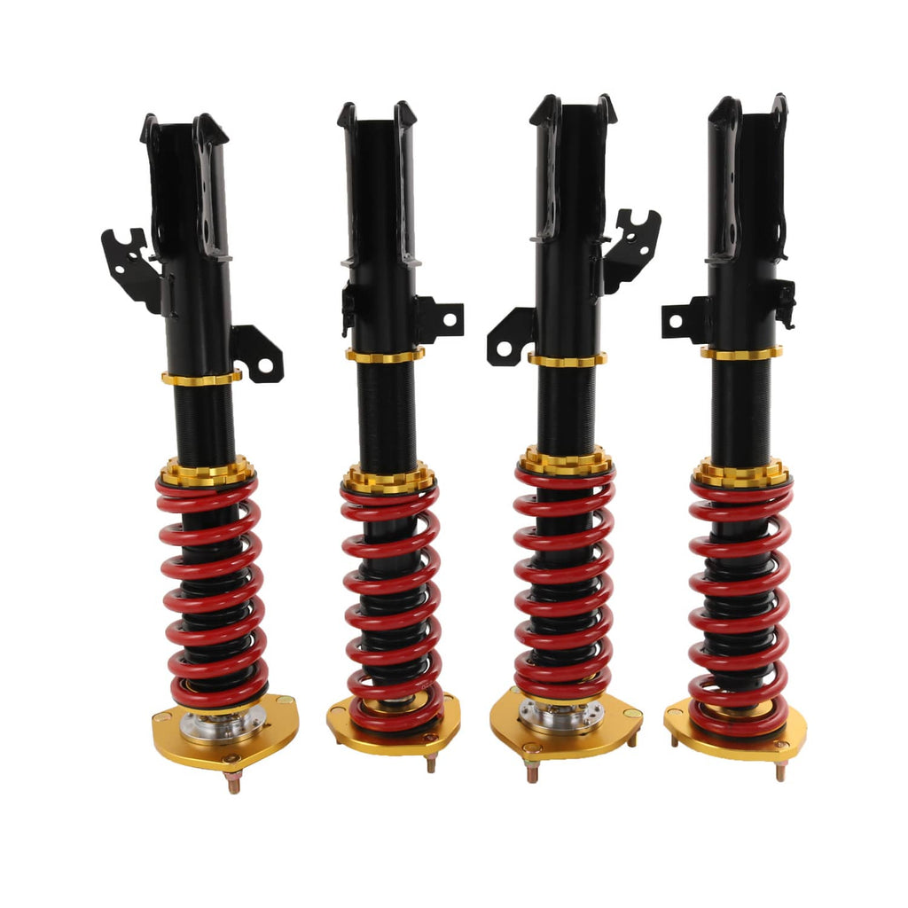 Adjustable coilover strut set, black shocks with red springs and gold top plates
