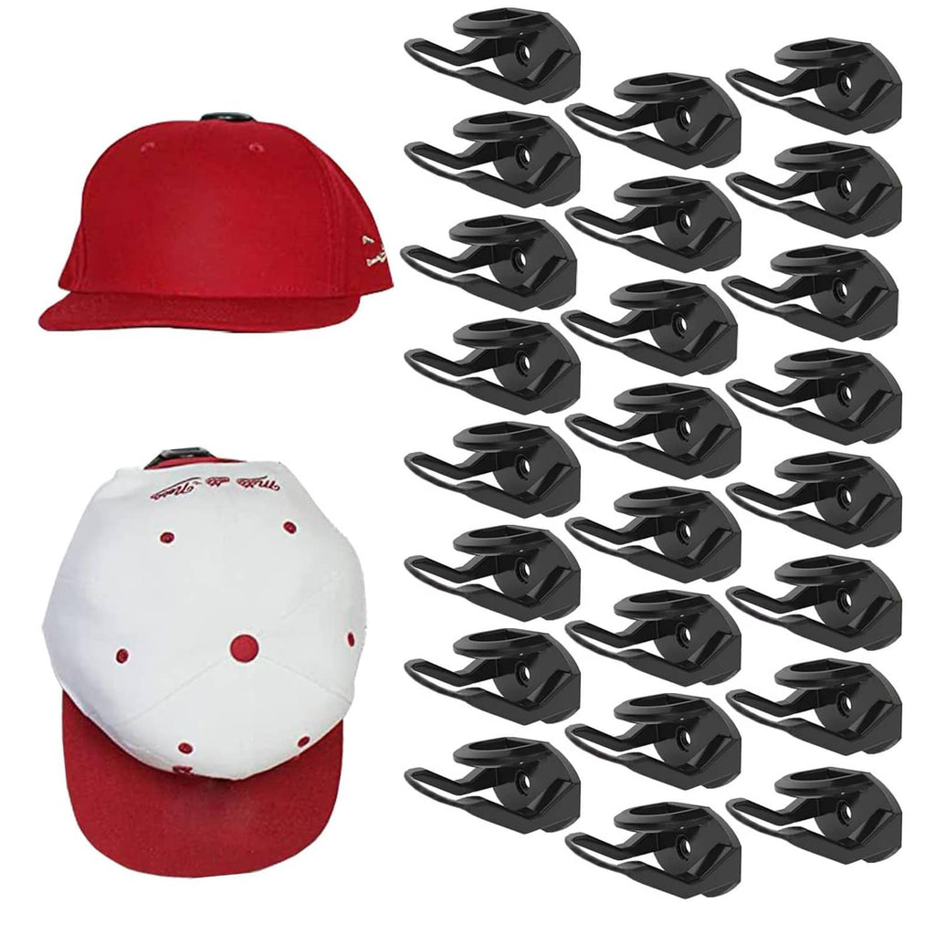 Black adhesive hat hooks set with multiple clip-style holders for baseball caps