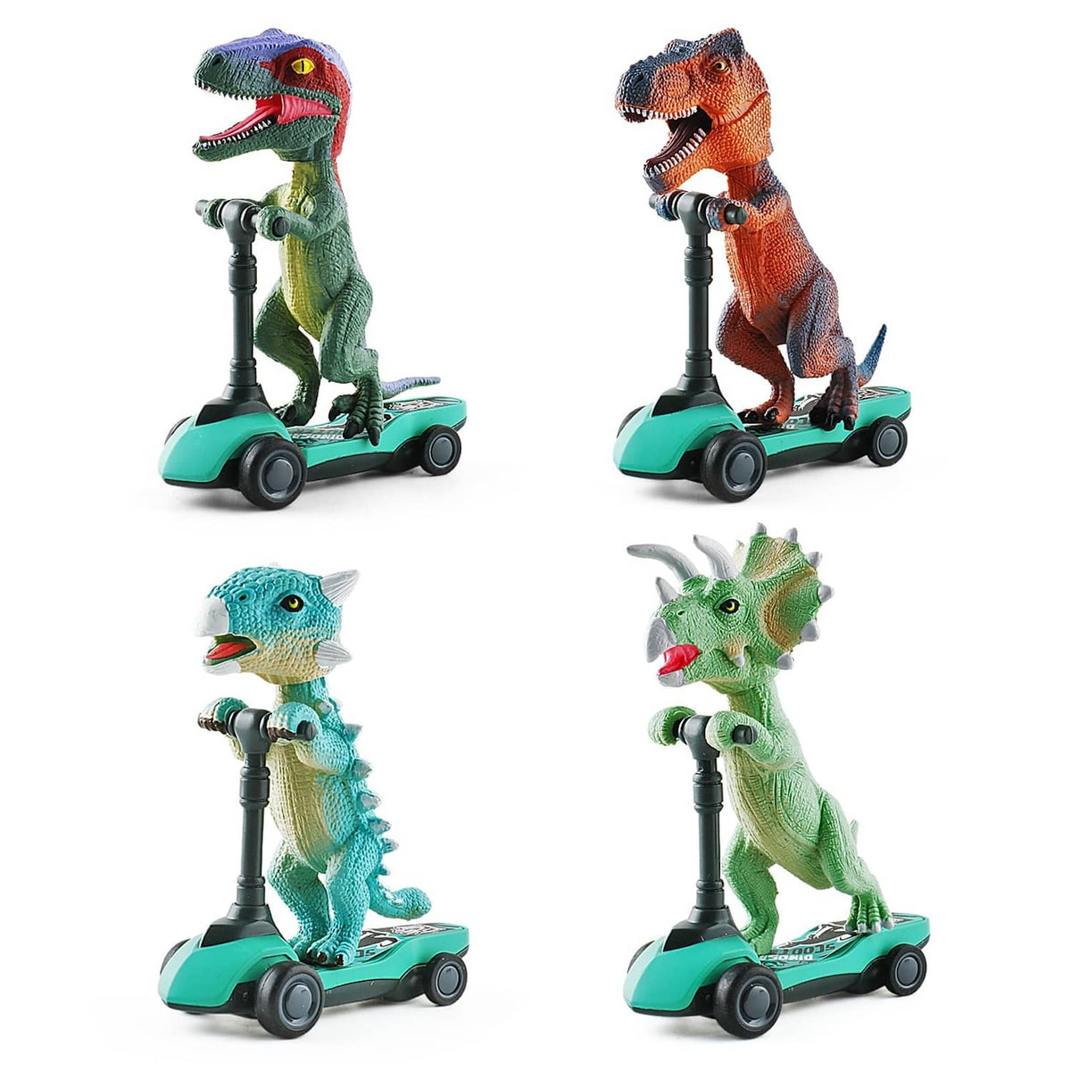T-Rex dinosaur finger scooter with pull-back wheel base, teal body, bobble head