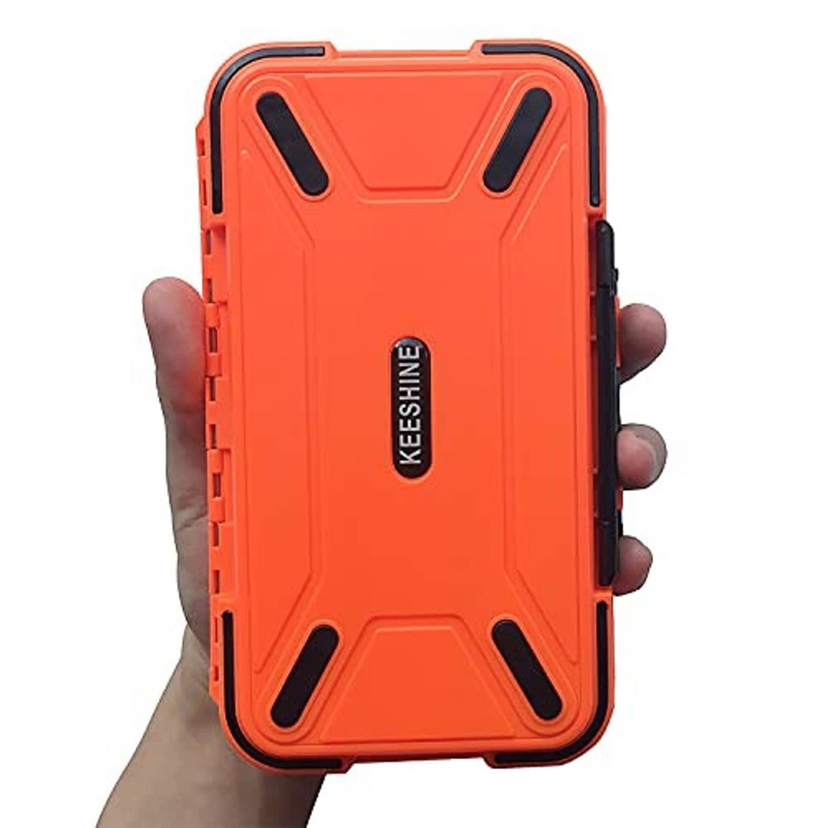 Orange tackle box back with KEESHINE logo and four black grip slots