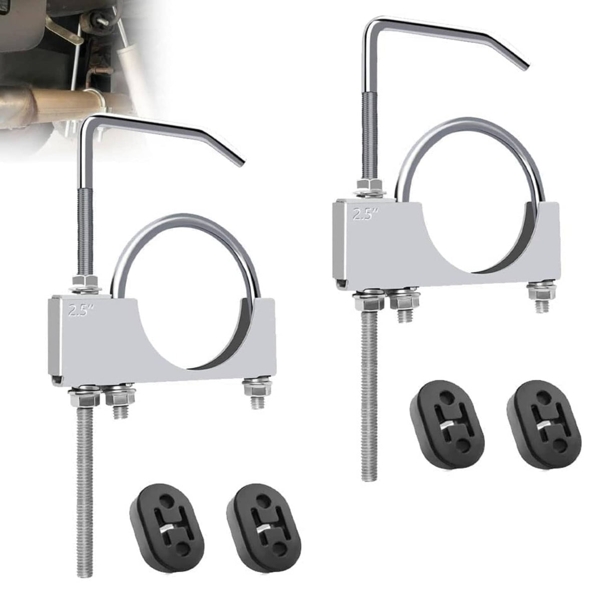 2.5" exhaust clamp hanger rods with rubber isolators, zinc-plated steel set of 2