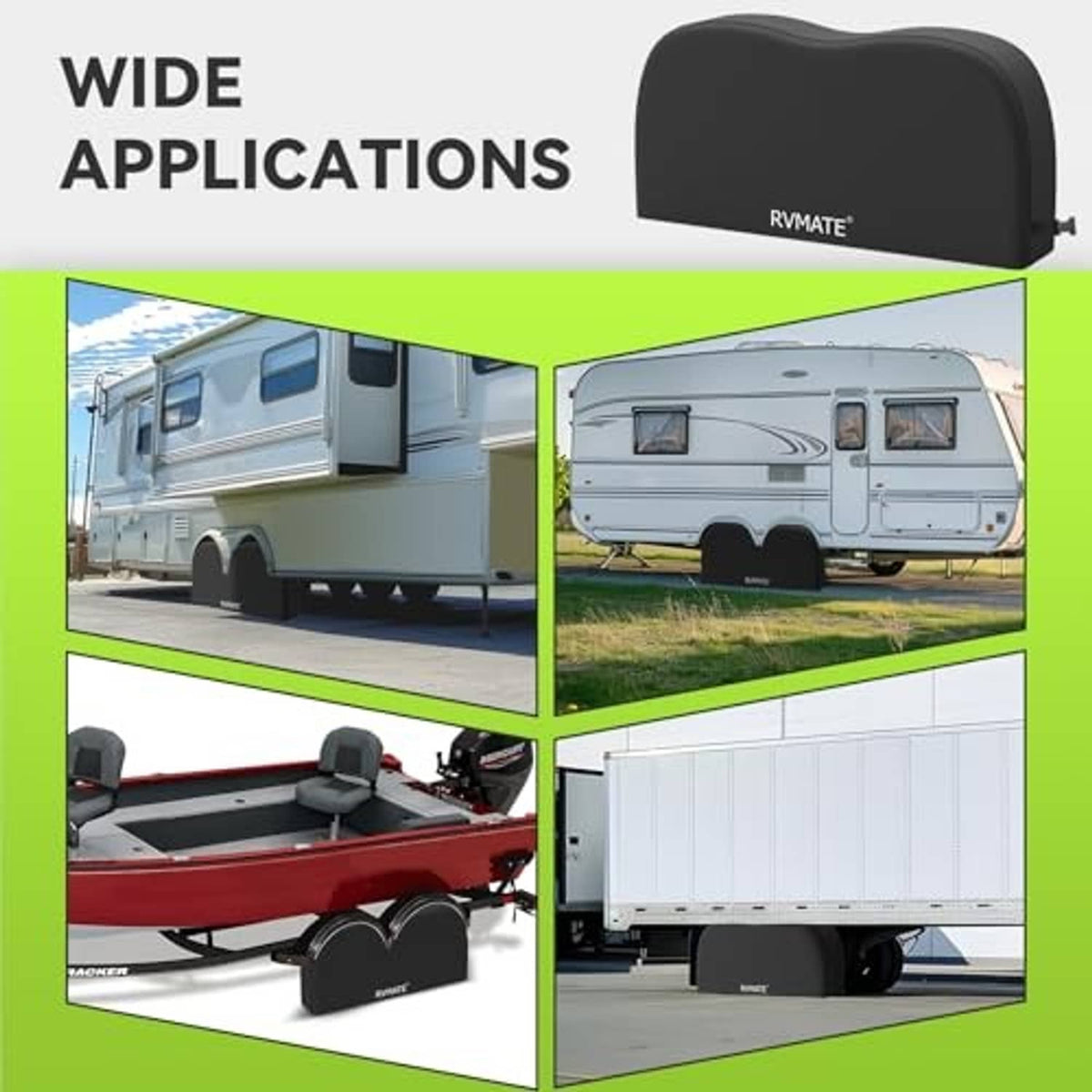 Black dual axle wheel cover with wide application examples in collage layout