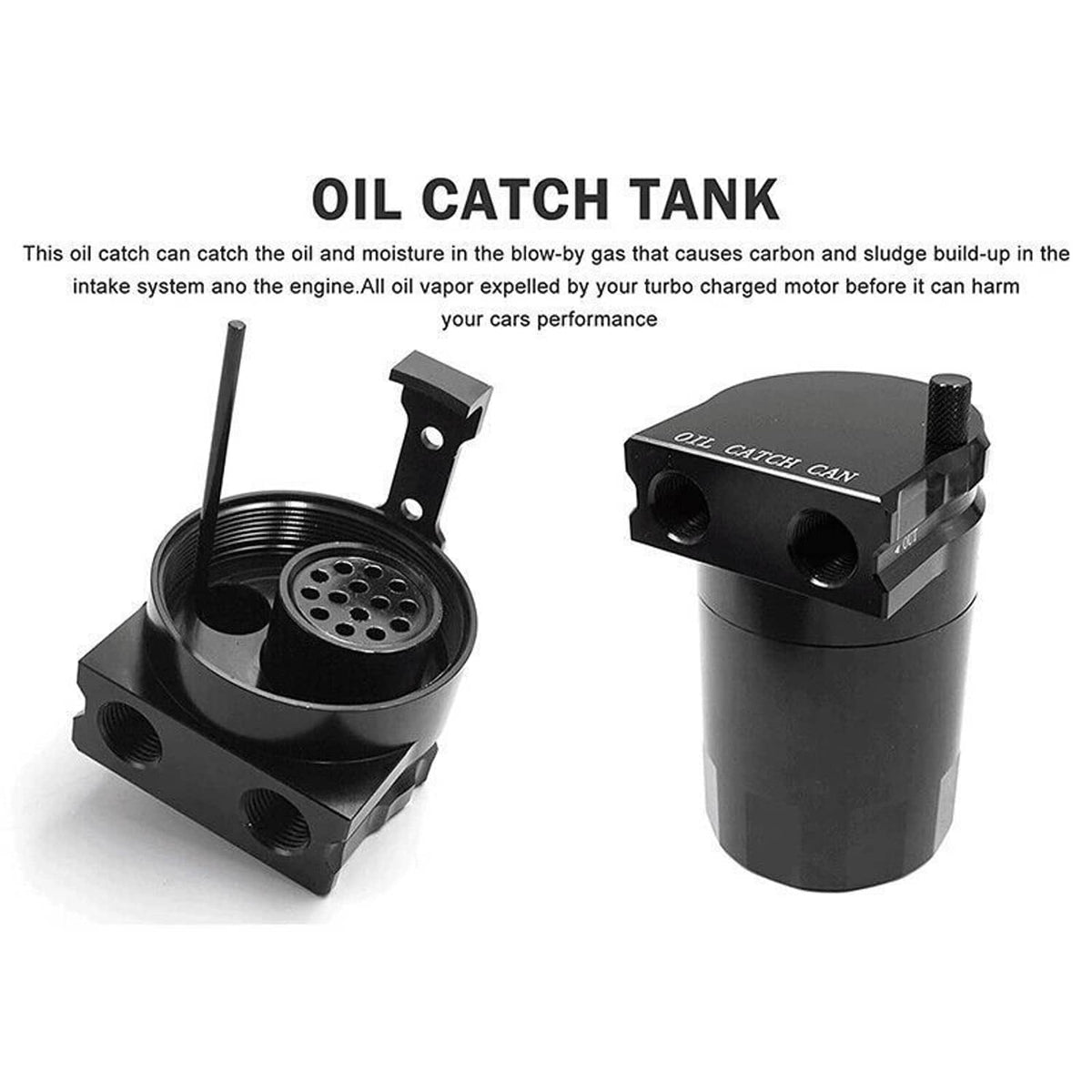 Black oil catch tank with inlet and outlet ports, round filter screen, and mounting base