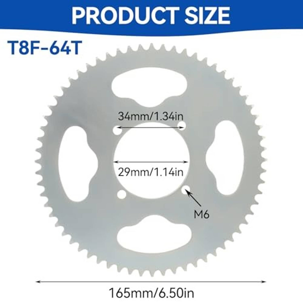Four-hole steel sprocket gear shown on a product size diagram with dimensions