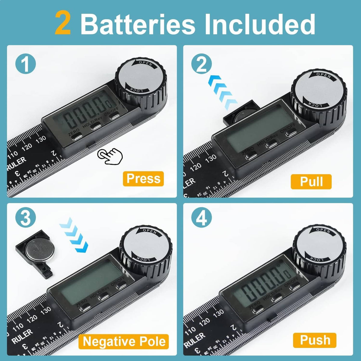 Digital angle ruler protractor showing battery compartment steps, LCD screen on black