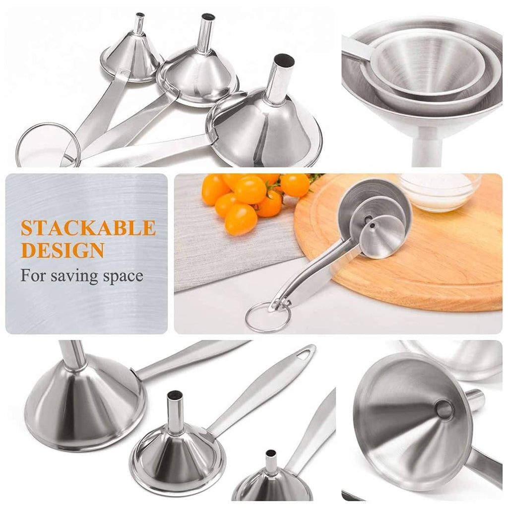 Stackable silver metal funnels with long spouts, three-piece set