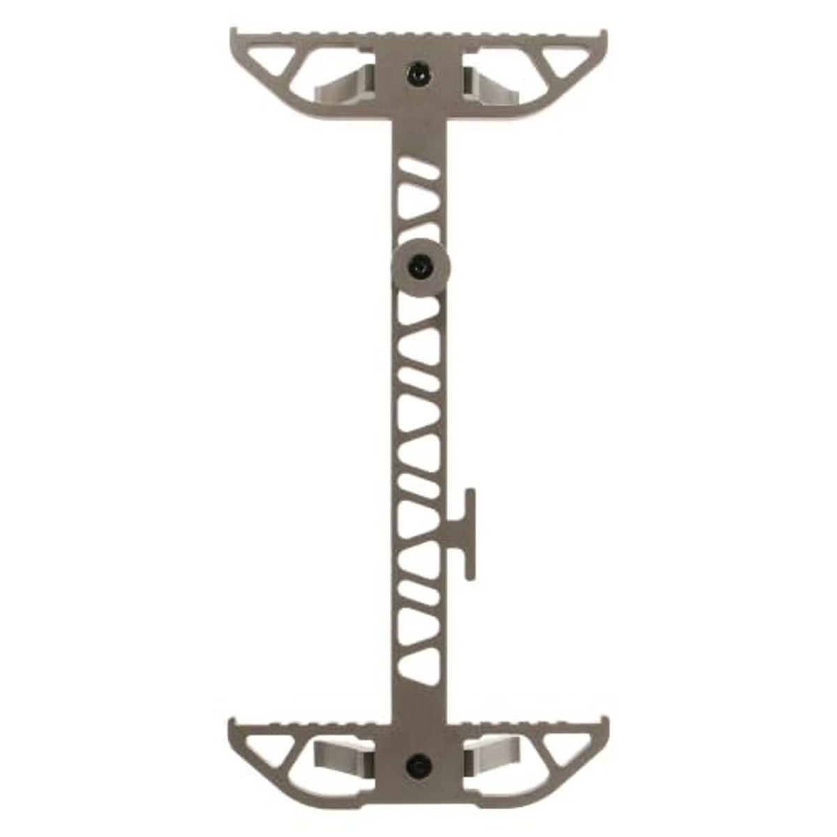 Brown aluminum tree climbing stick with wide anti-slip foot platforms on both ends.
