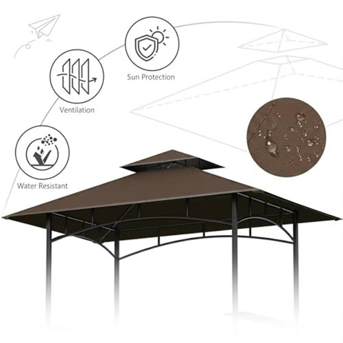 Brown gazebo canopy top with sun protection and water-resistant icons