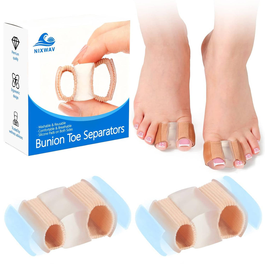Bunion toe separators packaging and tan gel sleeves worn on toes, two separators side view