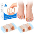 Bunion toe separators packaging and tan gel sleeves worn on toes, two separators side view