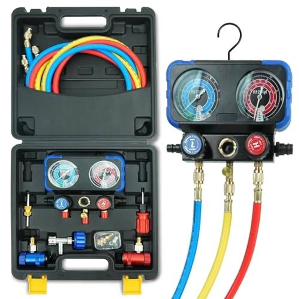 3-way AC manifold gauge set with multicolor hoses and two dial gauges in storage case