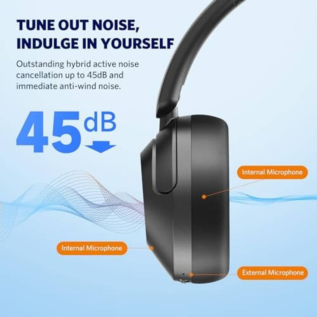 Black over-ear wireless headphones in side profile with microphone indicator callouts