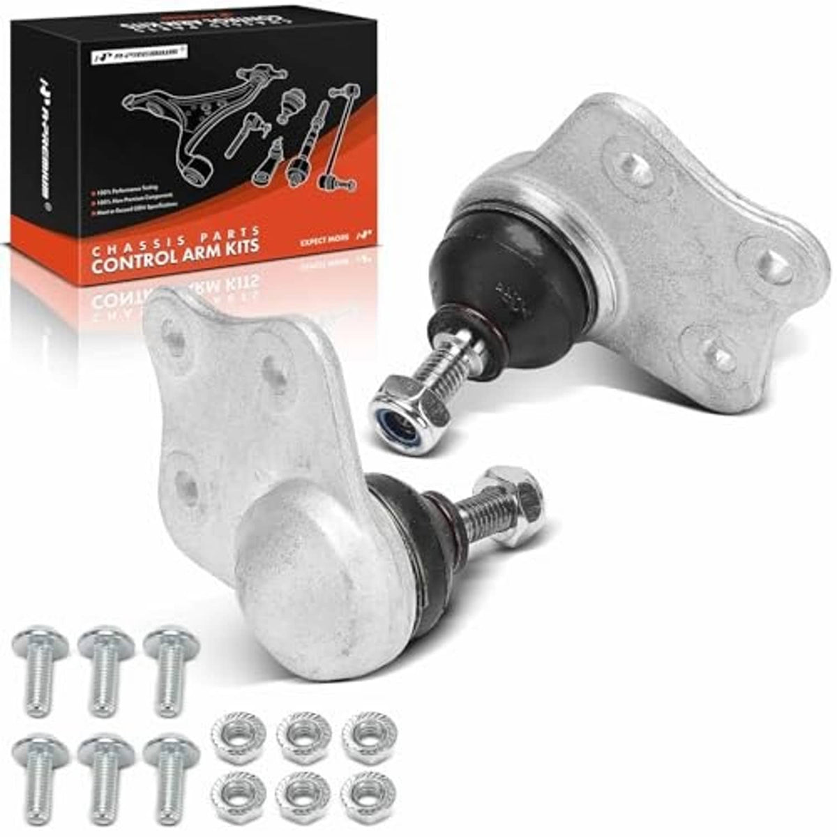 Front upper ball joint set, silver arm with black rubber boot and bolts