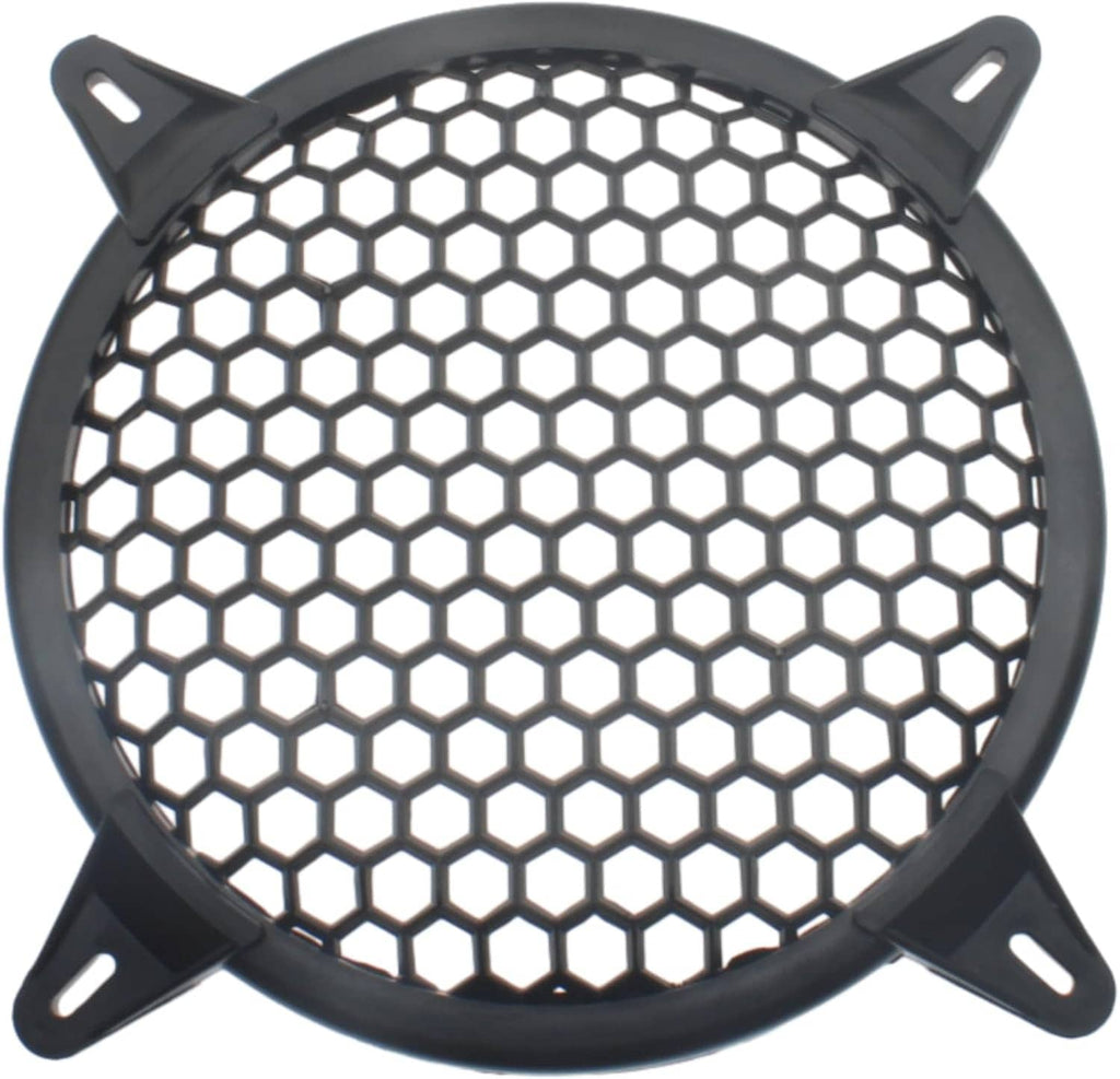 Round black speaker grill cover with honeycomb hex mesh and four corner mounting loops