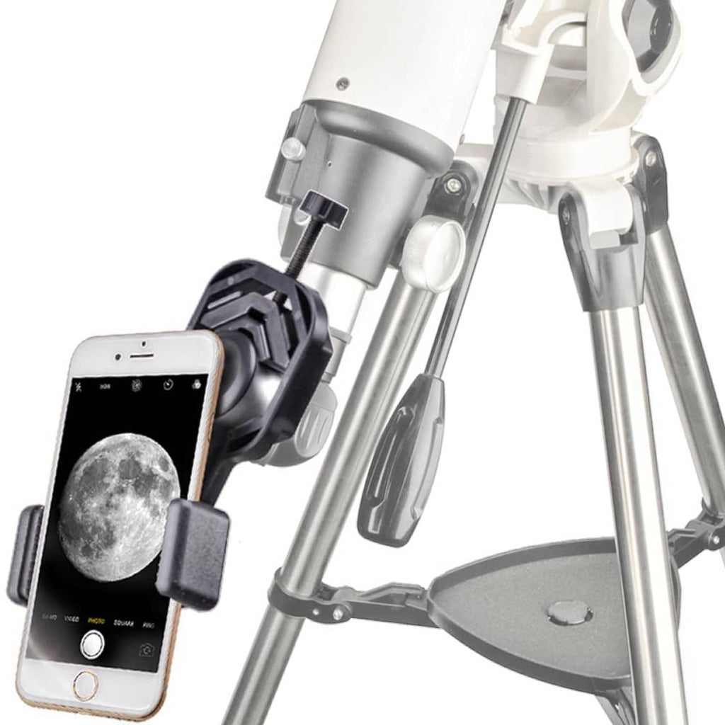 Smartphone telescope adapter attached to a silver telescope tube with phone holder