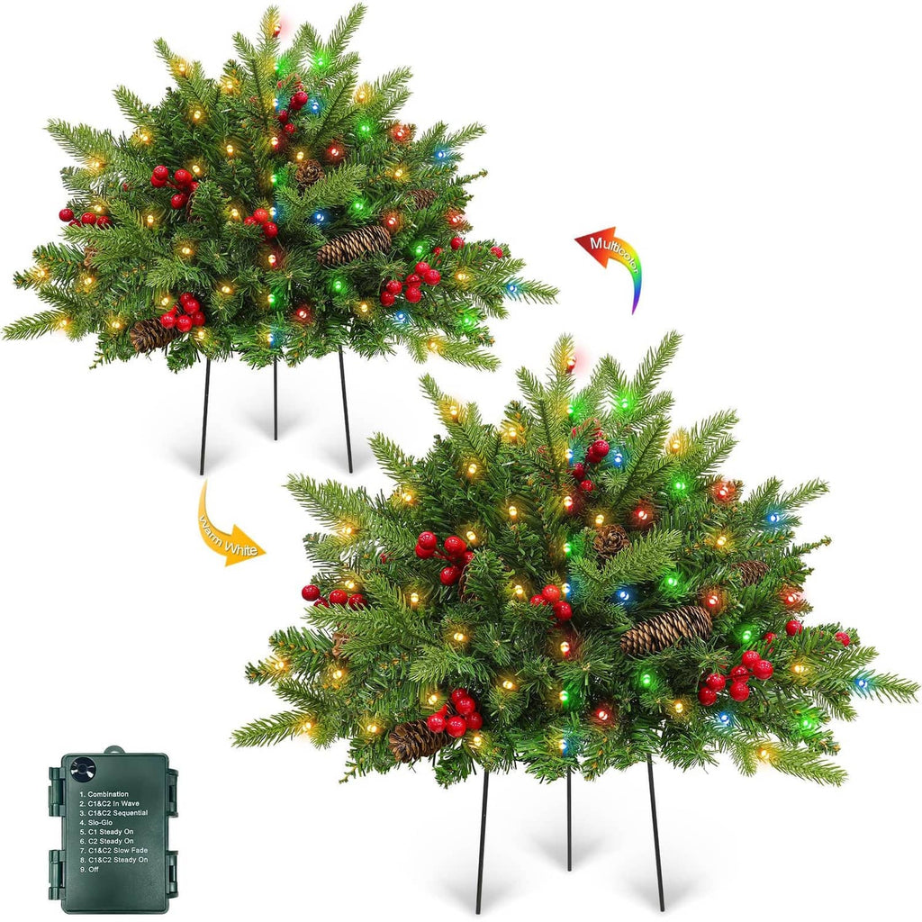 Pre-lit artificial Christmas tree with red berries, pinecones, and multicolor LED lights