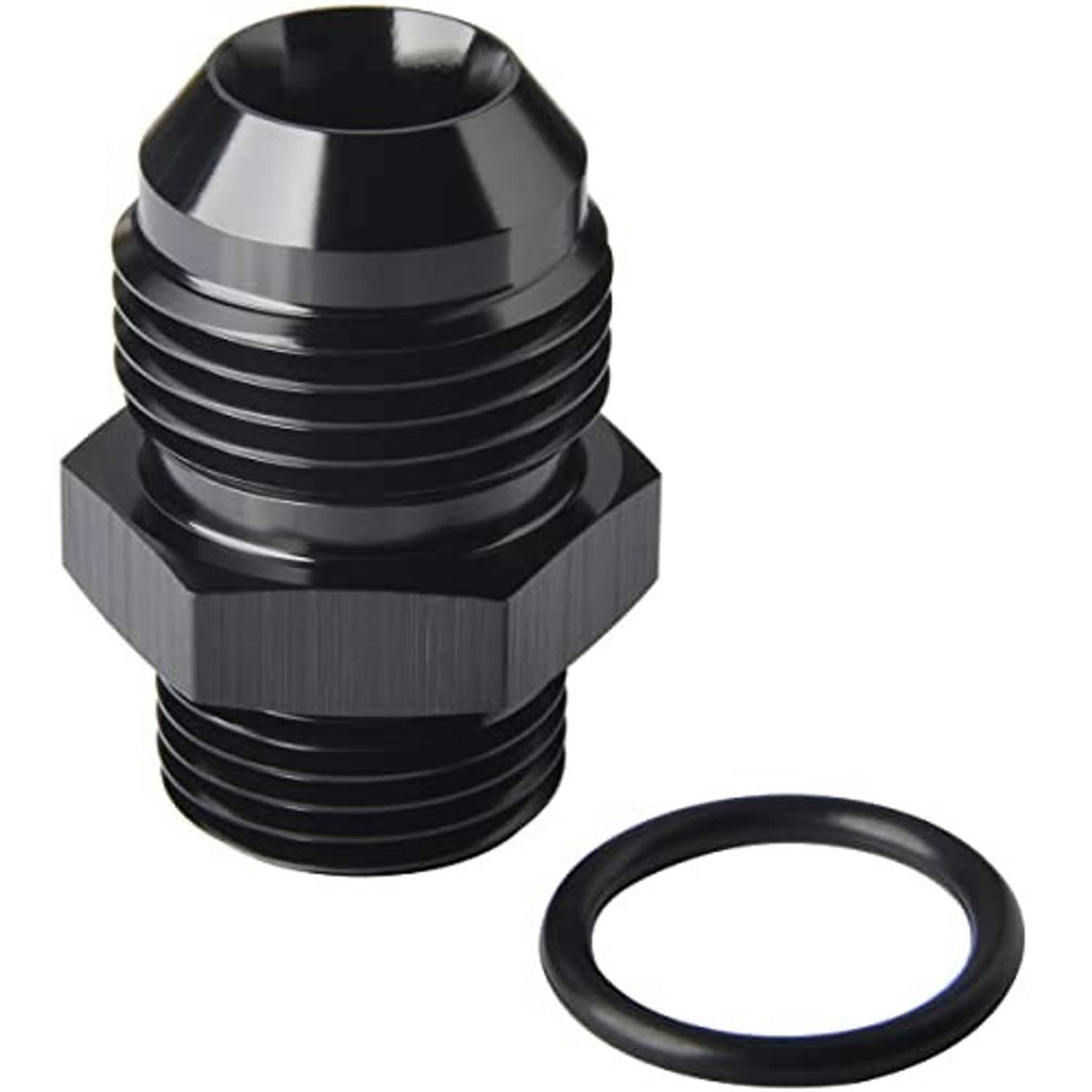 Black AN ORB fuel line adapter with hex connector, male threads, and included O-ring