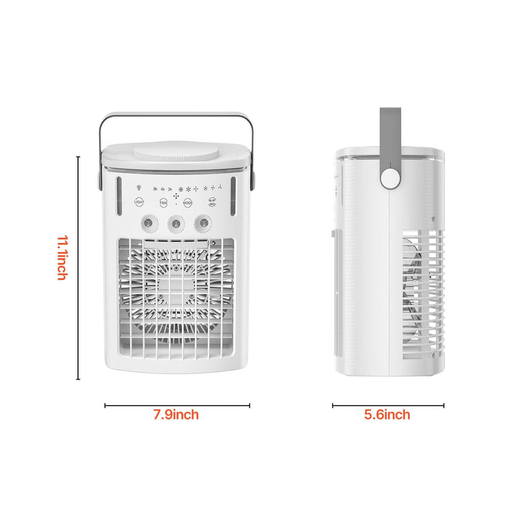 Portable evaporative air cooler front and side dimensions, white housing with top carry handle