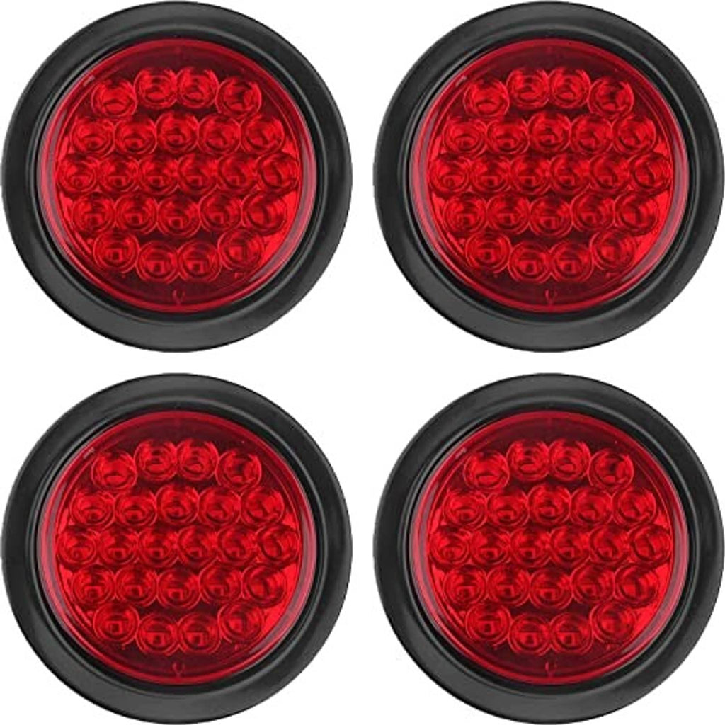 Front view of red round LED trailer tail lights with black bezel; 24 LEDs (4-pack)