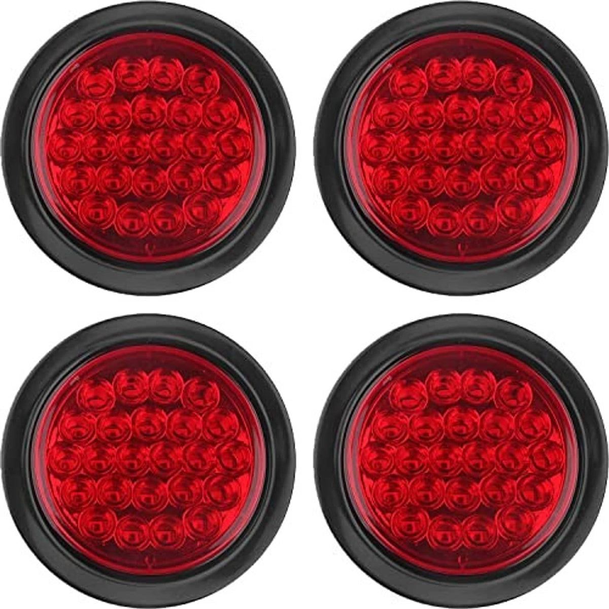 Front view of red round LED trailer tail lights with black bezel; 24 LEDs (4-pack)