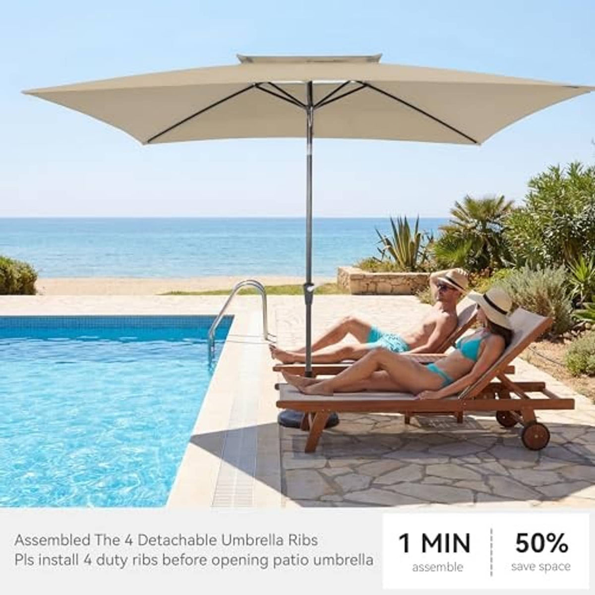 Beige rectangular patio umbrella standing over an outdoor seating area