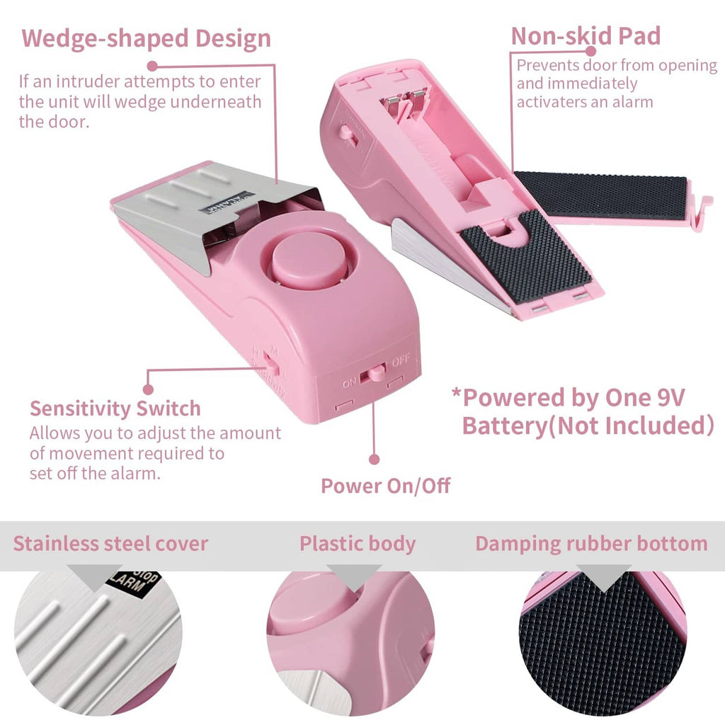 Pink portable door stop alarm with wedge base and anti-slip pad