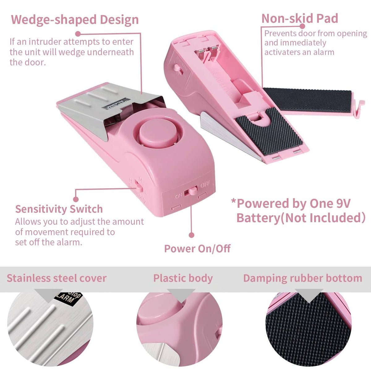 Pink portable door stop alarm with wedge base and anti-slip pad