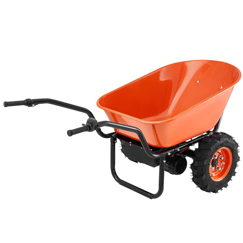 Electric wheelbarrow cart with orange tub, black frame, four rugged wheels, side view