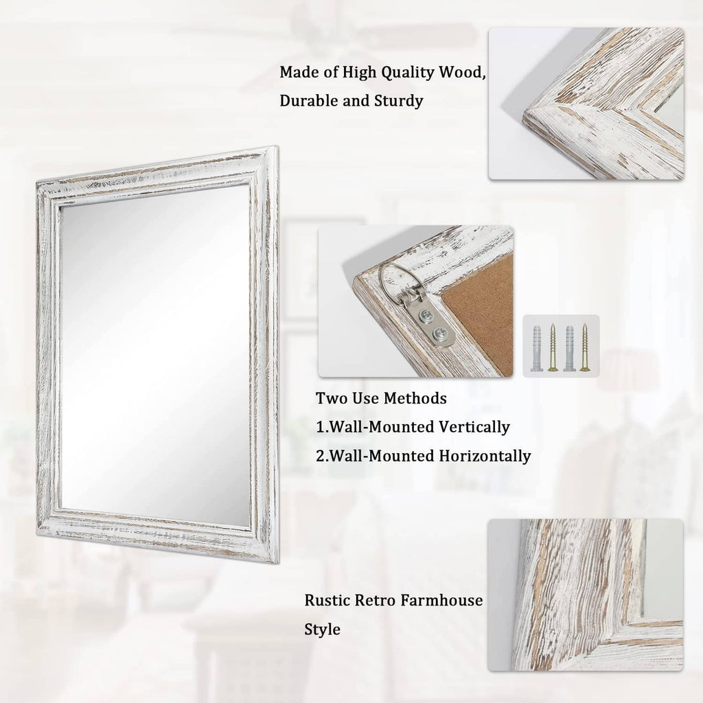 Wall mirror with distressed white frame and included mounting hardware