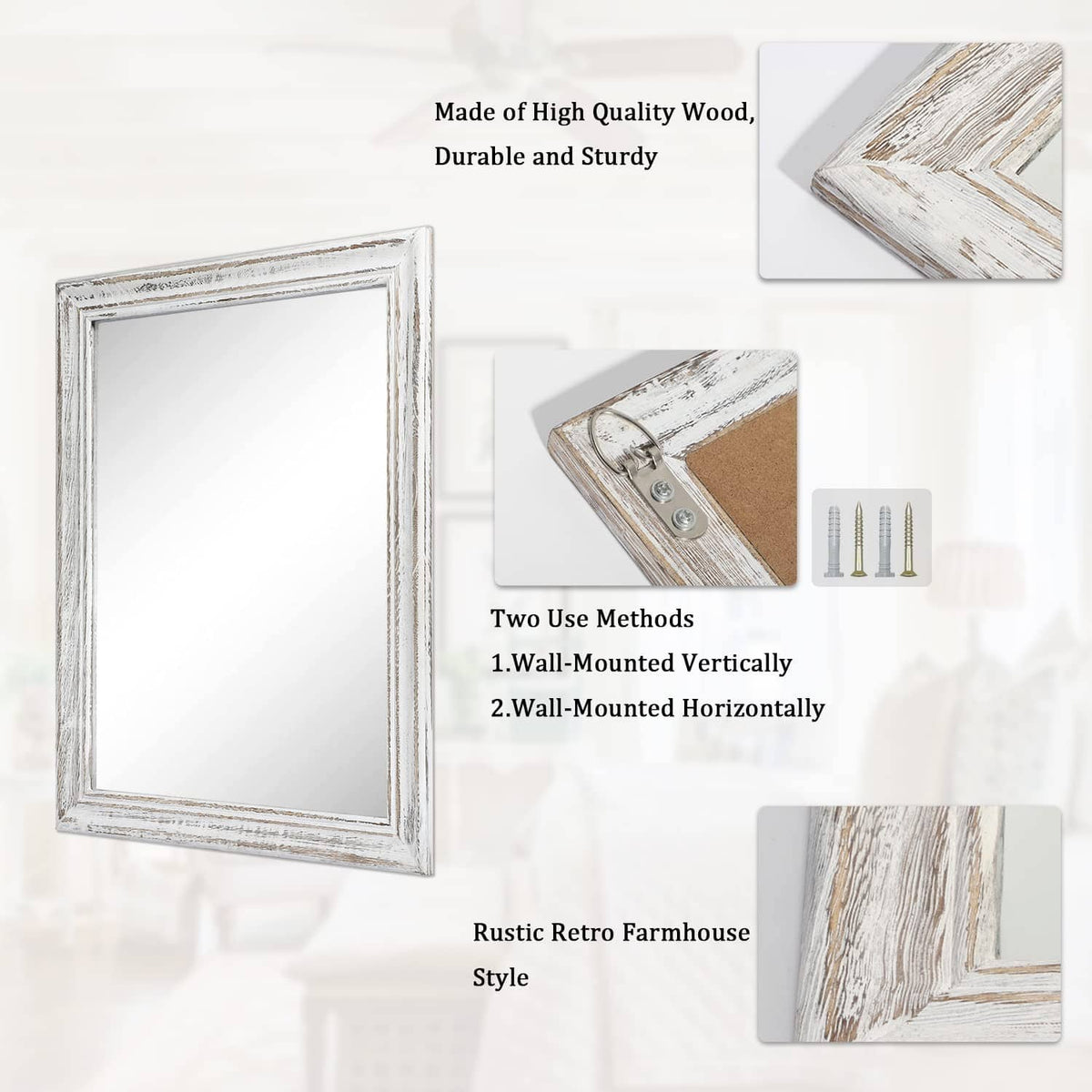 Wall mirror with distressed white frame and included mounting hardware